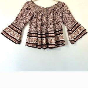 American Eagle Boho Smocked Neckline Statement Sleeve Paisley Top Gypsy Casual S